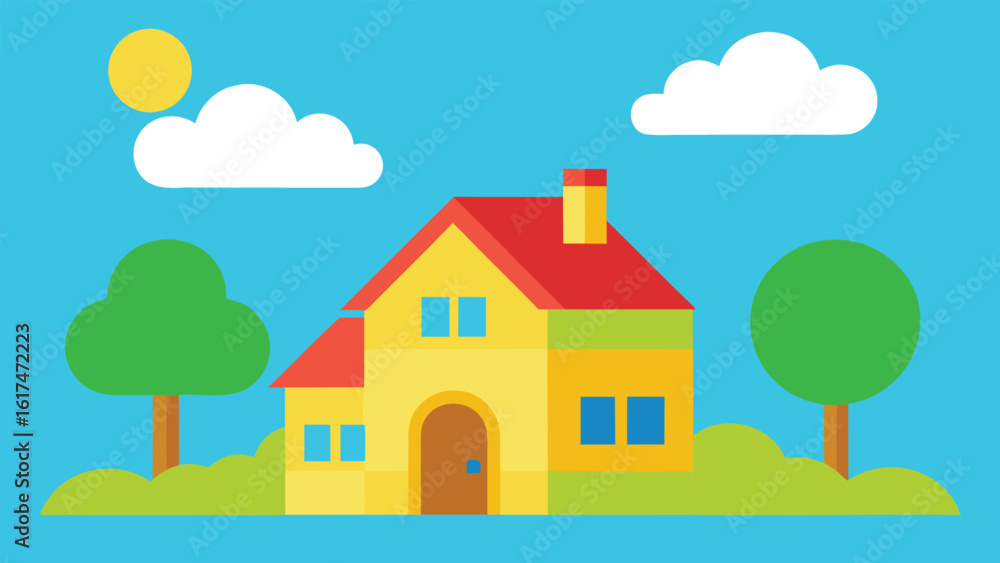 Charming cartoon house with red roof and green trees under blue sky Charming cartoon house with red roof and green trees under blue sky
