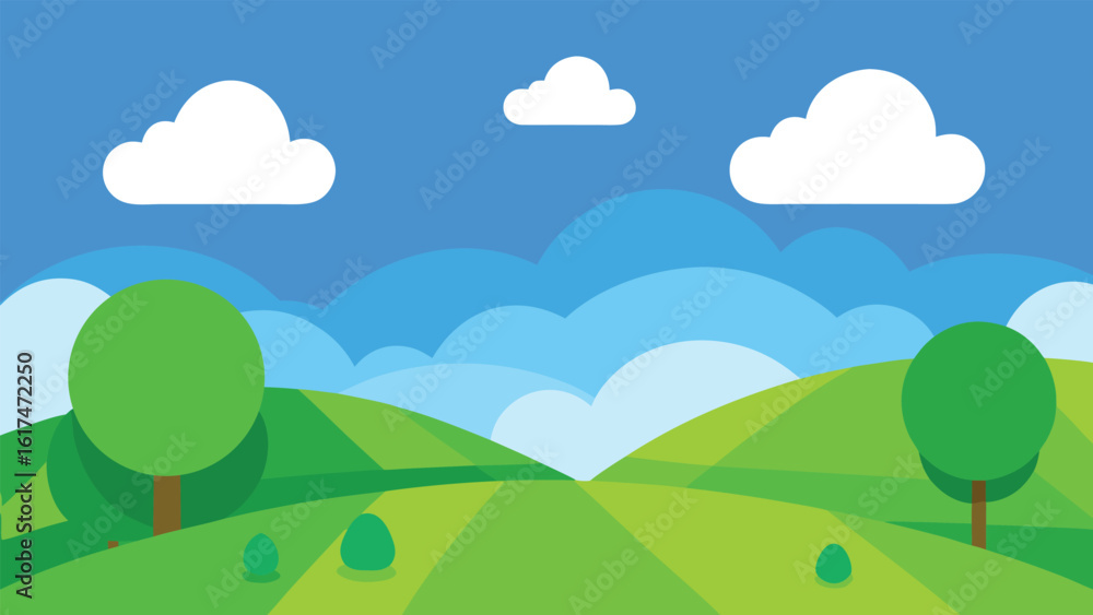 Vibrant cartoon landscape with rolling green hills and fluffy white clouds Vibrant cartoon landscape with rolling green hills and fluffy white clouds