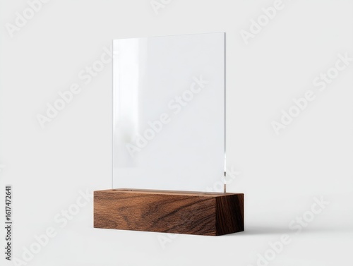 Clear acrylic display stand on a dark wood base