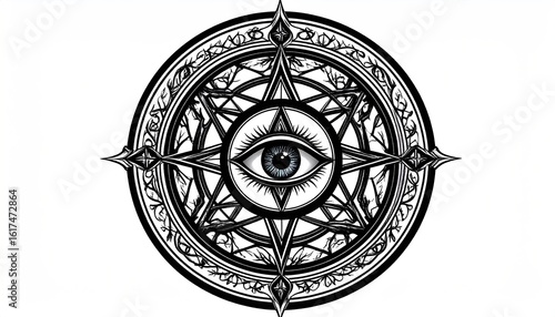 Ornate, stylized, black and white, all-seeing eye symbol within a circular design.