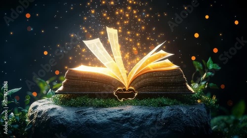 A glowing spellbook chained to a pedestal