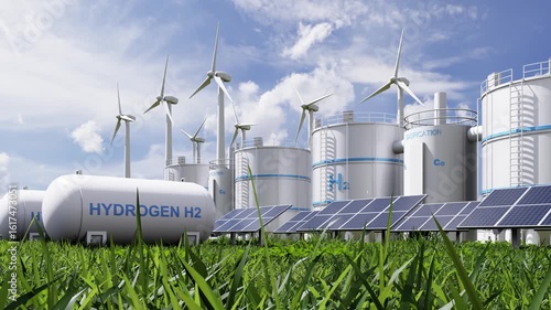 Hydrogen energy plant with wind turbines and solar panels- 3D rendering
