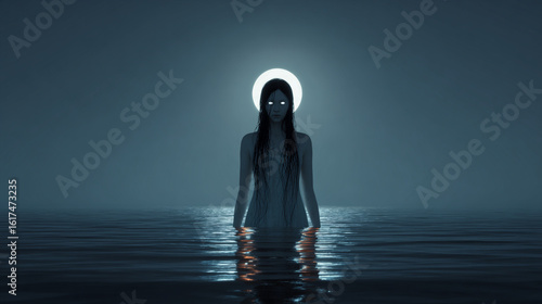Midnight horror in the middle of the dark ocean sea lit full moon women ghost water spirit eerie scary pale face dark black dress