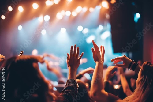 A crowd of people are at a concert, with their hands raised in the air. The atmosphere is energetic and lively, with the audience fully engaged in the performance