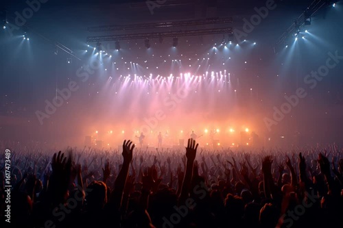 A crowd of people are at a concert, with their hands raised in the air. The atmosphere is energetic and lively, with the audience fully engaged in the performance
