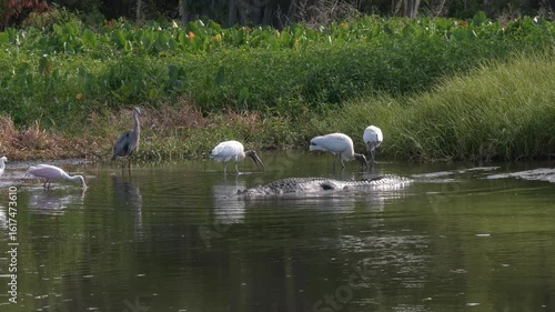 Large Alligator and Birds Feed in a Pond in Florida