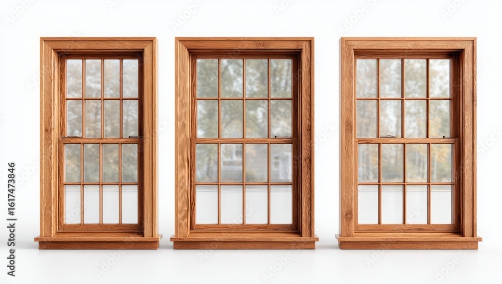 Obraz premium Three wooden windows, light brown frame, divided panes, on white background