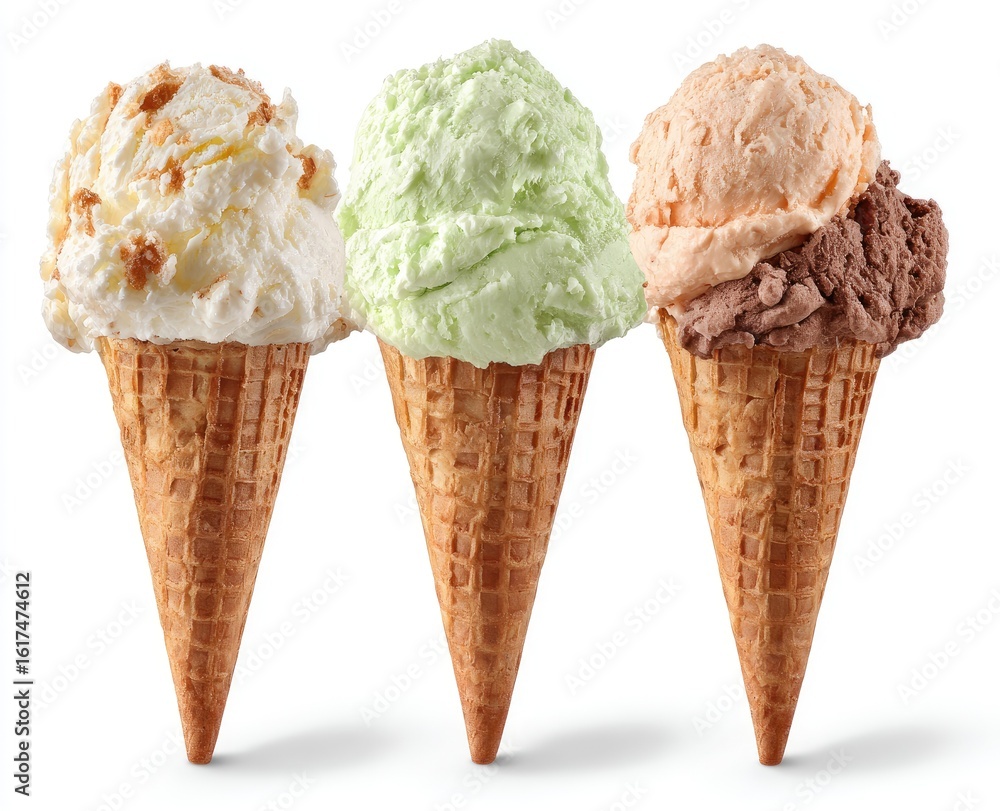 Three ice cream cones with different flavors Three ice cream cones with different flavors