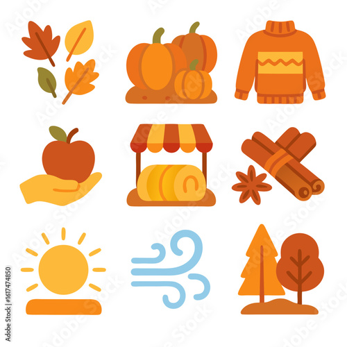 Autumn themed icons with leaves, pumpkins, sweater, sun, crisp wind. Suitable for fall designs, seasonal graphics, festive projects.