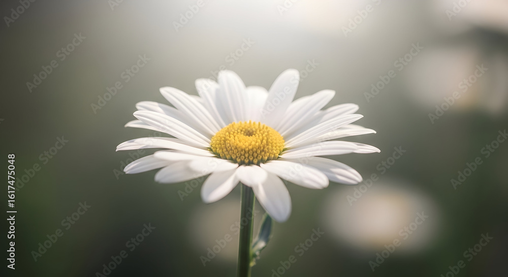 Obraz premium Close-up of a single white daisy flower with a yellow center against a blurred natural background perfect for spring summer garden floral decoration and nature themes in high resolution stock image