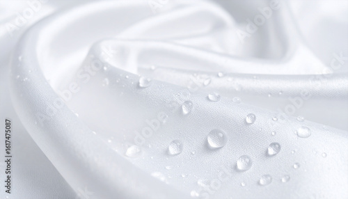 Silk Fabric with Water Droplets: A luxurious display of pristine white silk fabric, adorned with delicate water droplets. The elegant folds and subtle sheen evoke a sense of purity, softness.