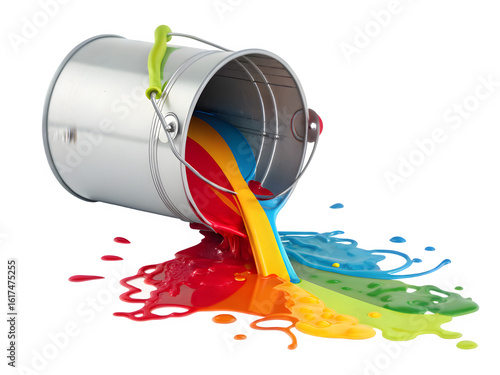 Colorful paint spills from a metal bucket onto a black background