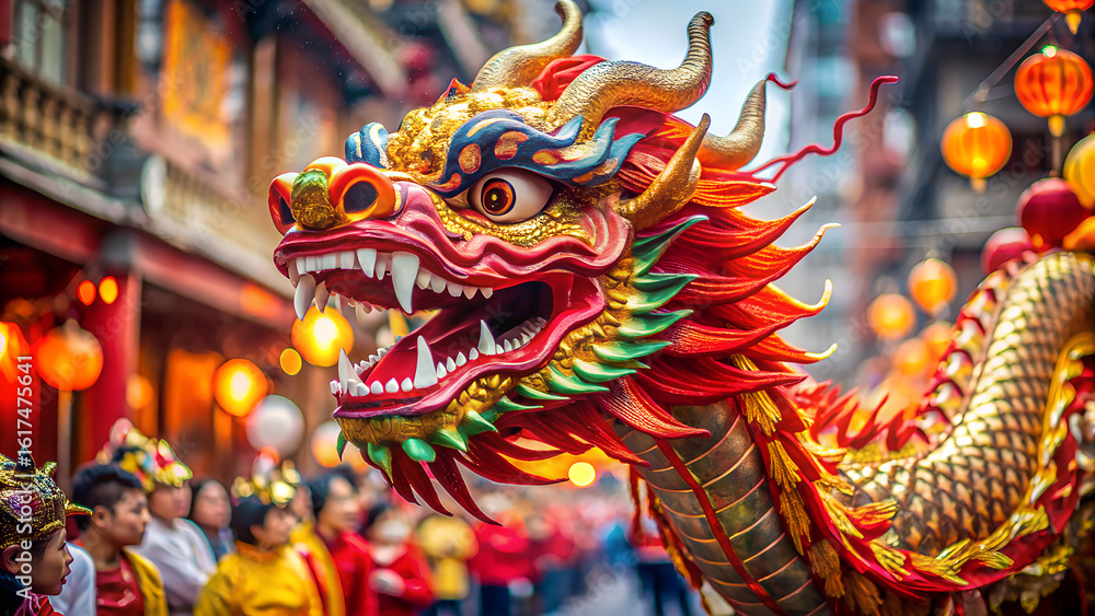Fototapeta premium Vibrant chinese dragon parade floats through a bustling street adorned with glowing red lanterns during a festive cultural celebration