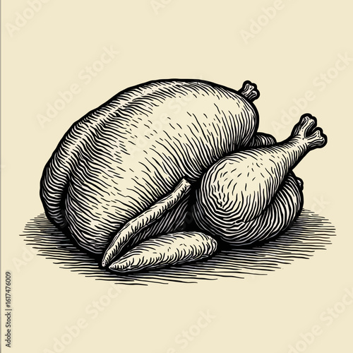 A detailed hand-drawn illustration of a whole roasted turkey or chicken in a vintage sketch style, perfect for Thanksgiving, Christmas, or festive feast designs.
