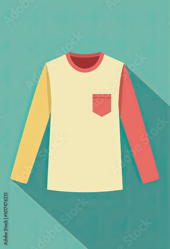 A modern and stylish flat design illustration of a long-sleeved t-shirt with a contrasting pocket, a clean and simple icon for fashion, apparel, and clothing brands.
