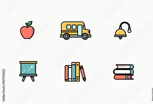 A set of charming and simple cartoon icons related to school and education, including a school bus, apple, books, and bell, for learning-themed designs.

