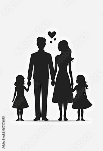 An elegant black silhouette of a family of four holding hands, with parents and two daughters, a timeless symbol of love, unity, and family togetherness.
