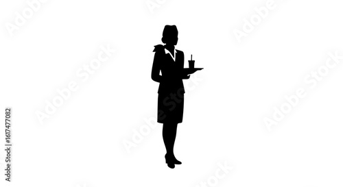 Silhouette of a stewardess with a tray.