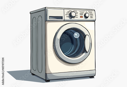 A detailed illustration of a classic front-loading washing machine, a vital home appliance for daily laundry, cleanliness, and managing household chores efficiently.
