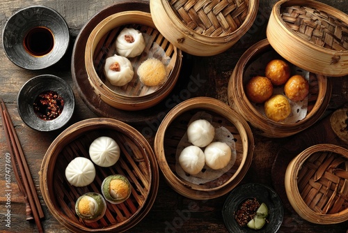 Overhead view of various steamed dumplings in bamboo baskets