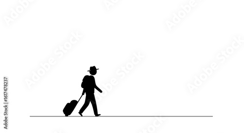 A silhouette of a person strolling along, lugging a suitcase. 