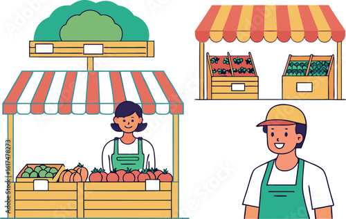 Farmers market stalls with vendors selling produce