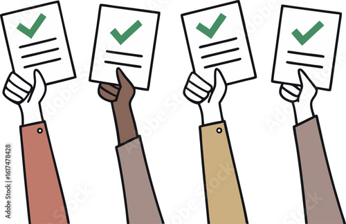 Four hands holding papers with green checkmarks approval