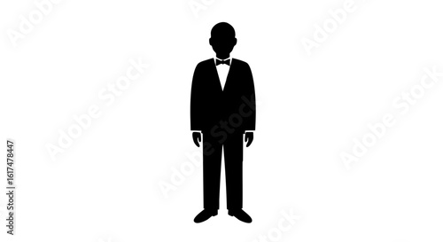 A silhouette of a gentleman in a tuxedo, standing formally.