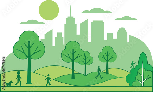 Green city park with people walking dogs and trees