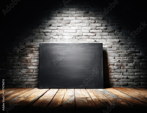 Dark room with blank black canvas on wooden floor, illuminated by spotlight on brick wall