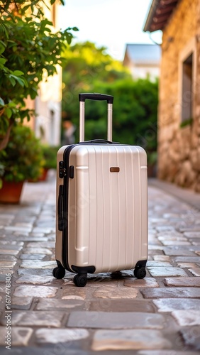 Light-colored carry-on suitcase sits on cobblestones in a narrow street