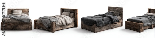 Rustic wooden beds with gray linens