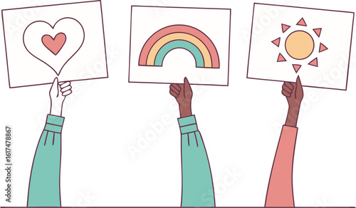 Hands holding signs with heart rainbow and sun board