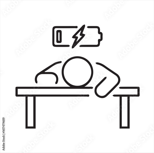 tired person in the workplace, tiredness or burnout icon, low level energy in work battery, exhausted and sleepy man, thin line symbol - editable stroke vector illustration 