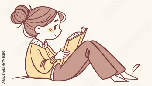 A cute cartoon girl with her hair in a bun is sitting down and reading a book with a happy and cheerful expression