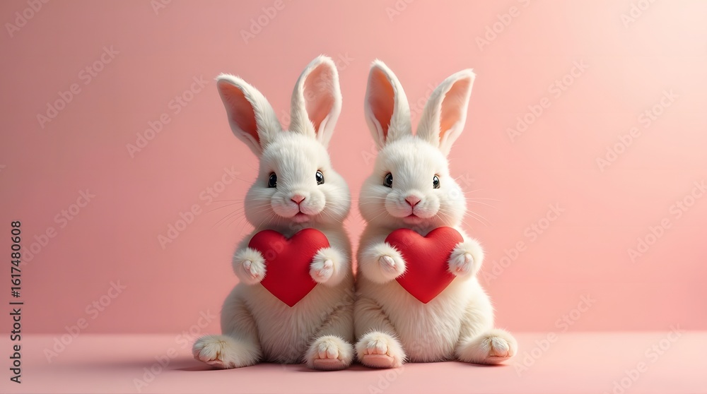 Obraz premium Two White Rabbits Holding Red Hearts on Pink Background