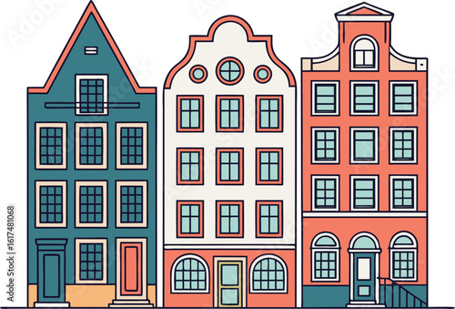 Three colorful cartoon buildings with windows and doors