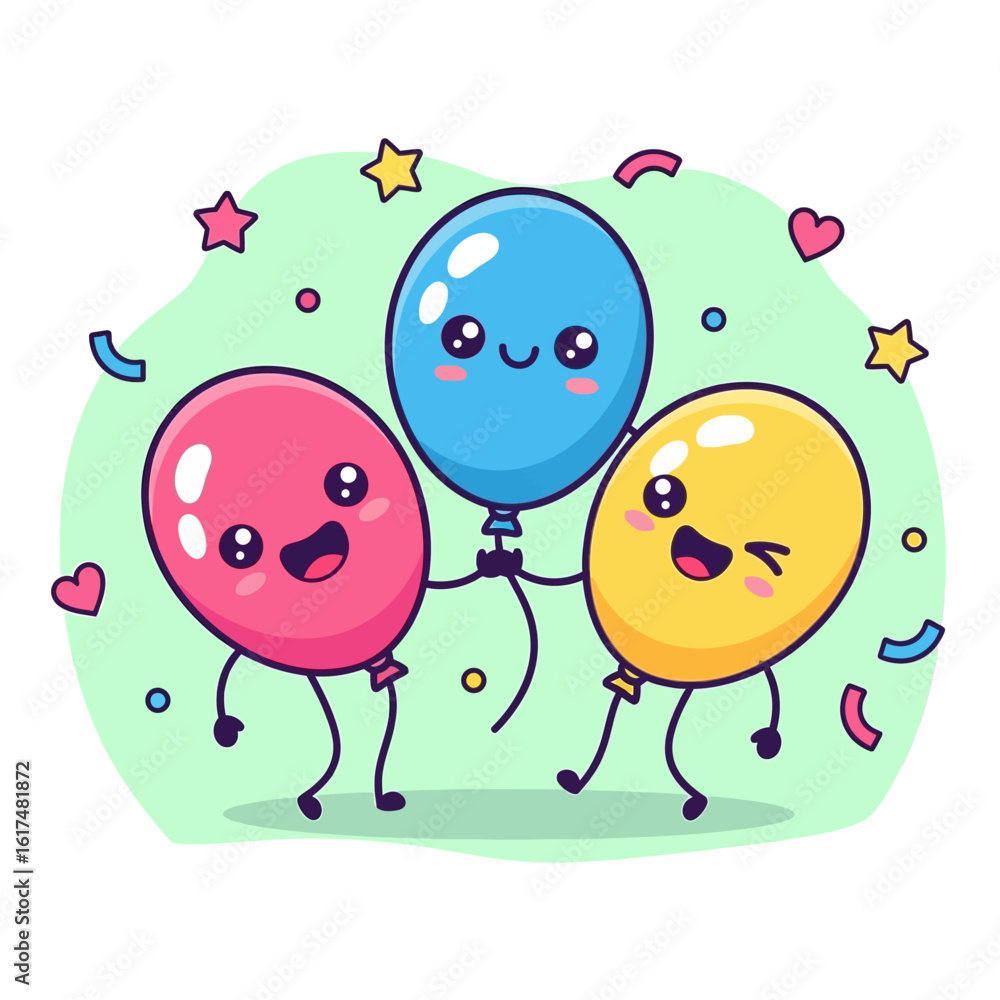 Obraz premium Happy Kawaii Balloons Celebration Cartoon Illustration