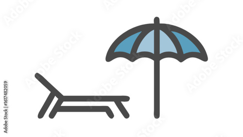 A minimalist vector icon of a beach chair and umbrella isolated on white background, representing summer vacation and relaxation
