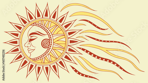 A vintage illustration of a sun and moon face design isolated on white background, representing celestial and astrological themes