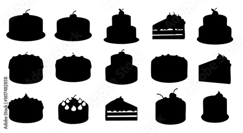 Silhouette image of various cakes with different shapes and sizes.