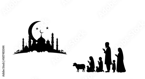 Silhouette image of a mosque next to silhouettes of a family and a sheep in prayer.