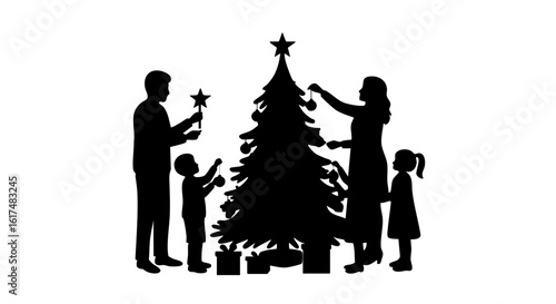 Family decorate christmas tree together on Christmas holiday. 