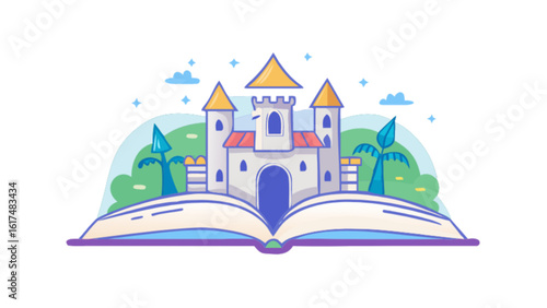 Illustration of a fairy tale castle emerging from an open book, symbolizing fantasy and imagination