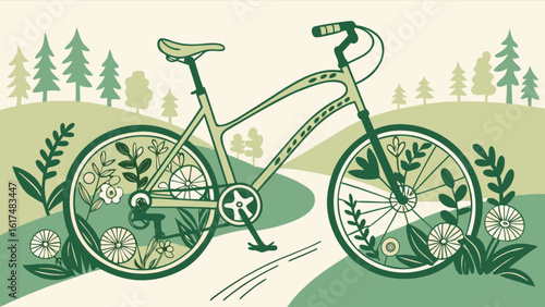 Illustration of a bicycle surrounded by nature, symbolizing ecofriendly transport and outdoor recreation