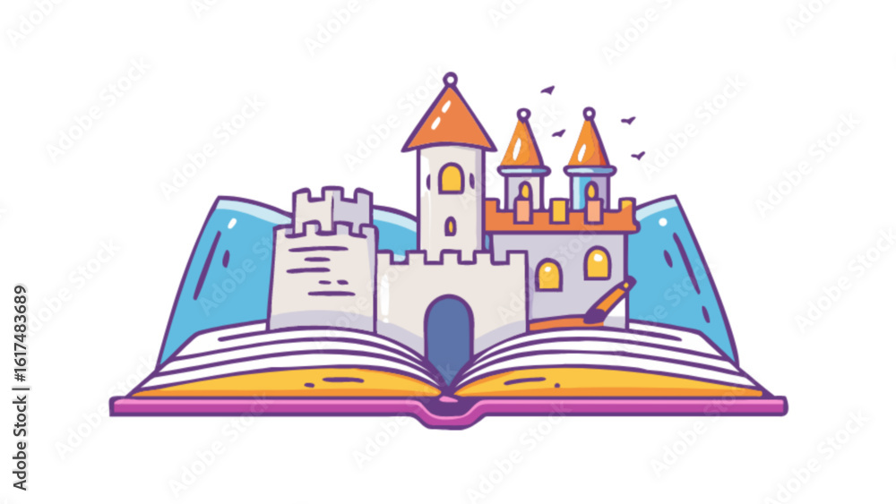 Obraz premium A cartoon illustration of a castle popping out of an open book, isolated on white background
