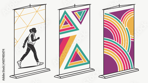 Three rollup banner stands displaying a person walking and geometric designs for advertising and promotional events