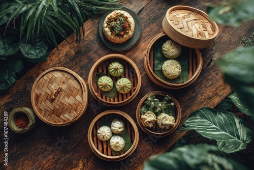 Bamboo steamer baskets filled with various steamed dumplings and a flatbread, surrounded by greenery on a wooden table