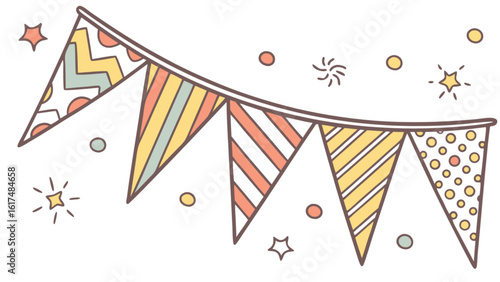 A colorful bunting banner with festive flags decorates a party or celebration event
