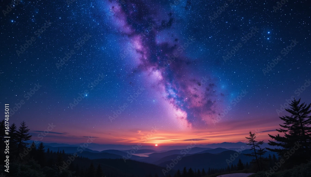 Fototapeta premium Milky Way Over Mountain Range at Sunset with Starry Sky